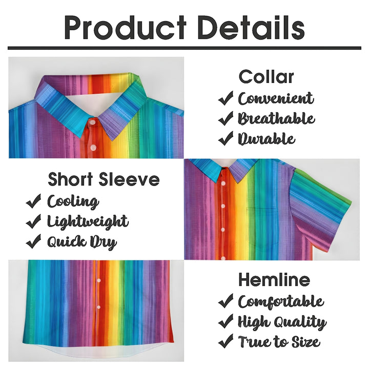 Chest Pocket Texture Rainbow Stripes Casual Short Sleeve Shirt 2402000031