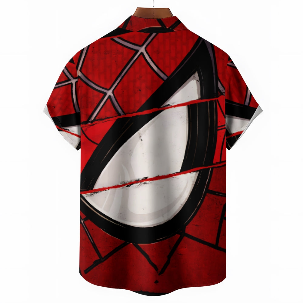 Spider Hero Print Large Slub Linen Short Sleeve Shirt 2406001580