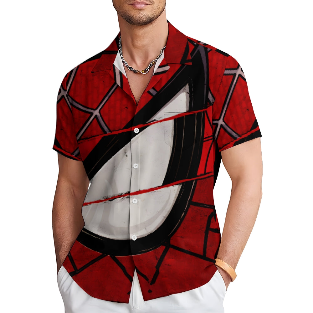 Spider Hero Print Large Slub Linen Short Sleeve Shirt 2406001580