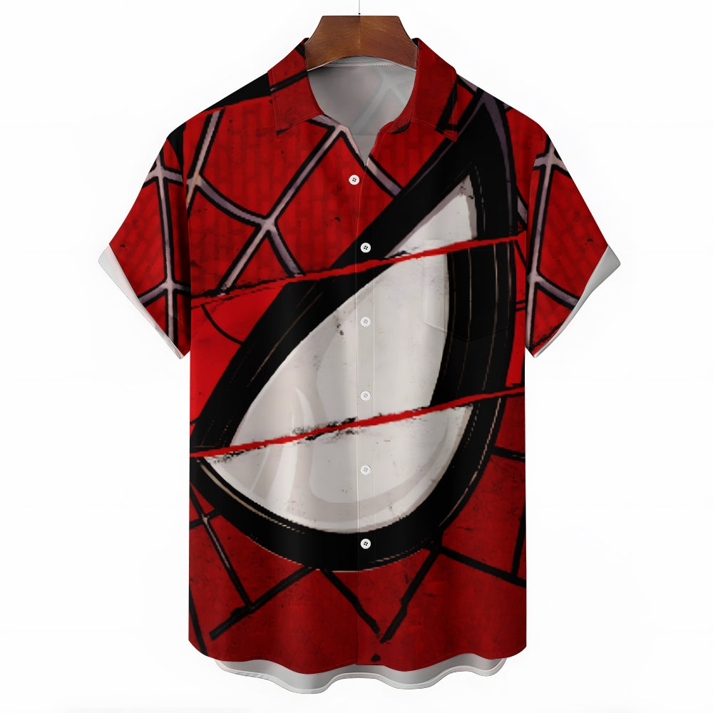 Spider Hero Print Large Slub Linen Short Sleeve Shirt 2406001580