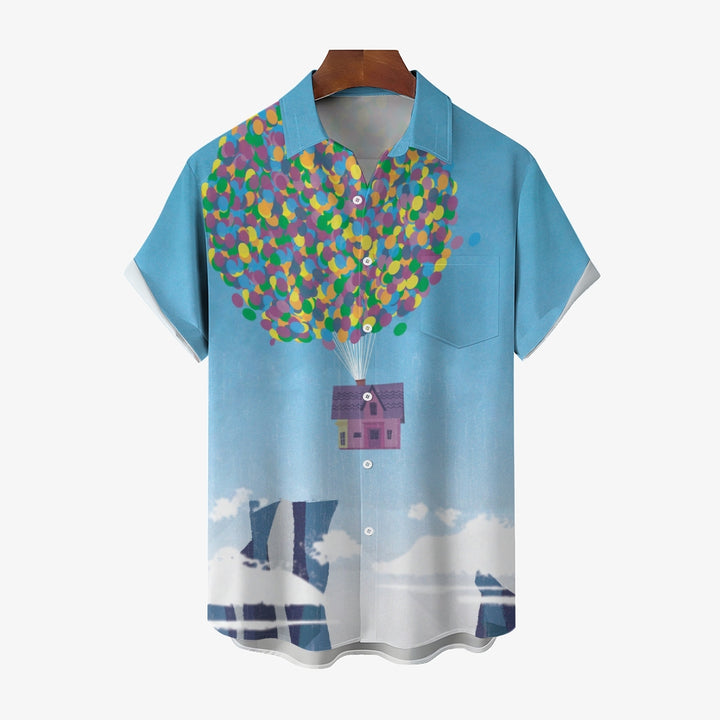 Colorful Balloon And Flying House Print Short-Sleeved Shirt 2406002476