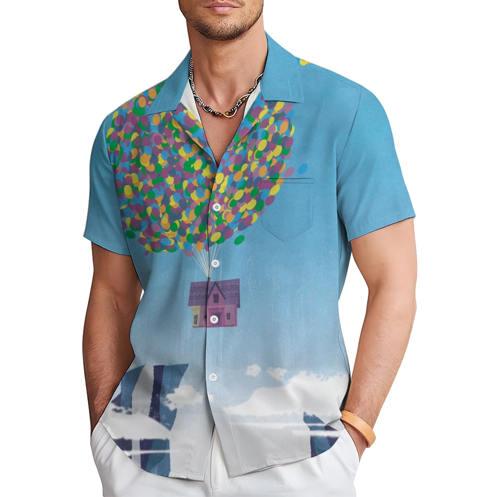 Colorful Balloon And Flying House Print Short-Sleeved Shirt 2406002476