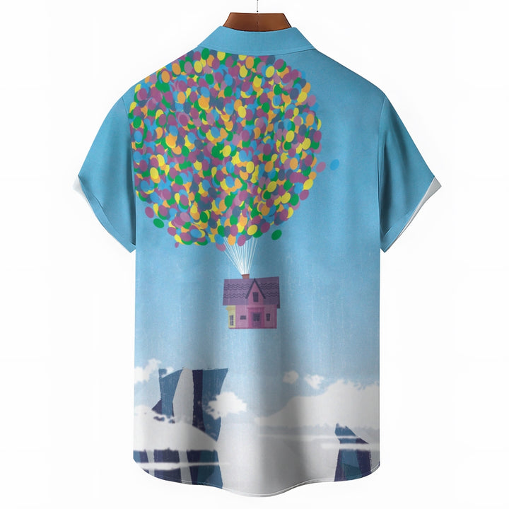 Colorful Balloon And Flying House Print Short-Sleeved Shirt 2406002476