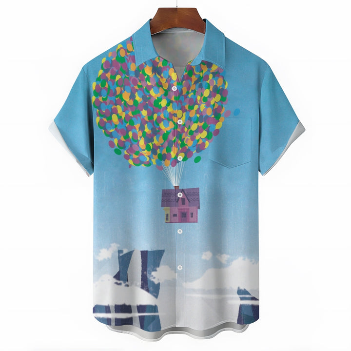 Colorful Balloon And Flying House Print Short-Sleeved Shirt 2406002476