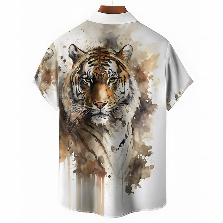 Men's Eye-Catching Tiger Print Short Sleeve Shirt 2406002642