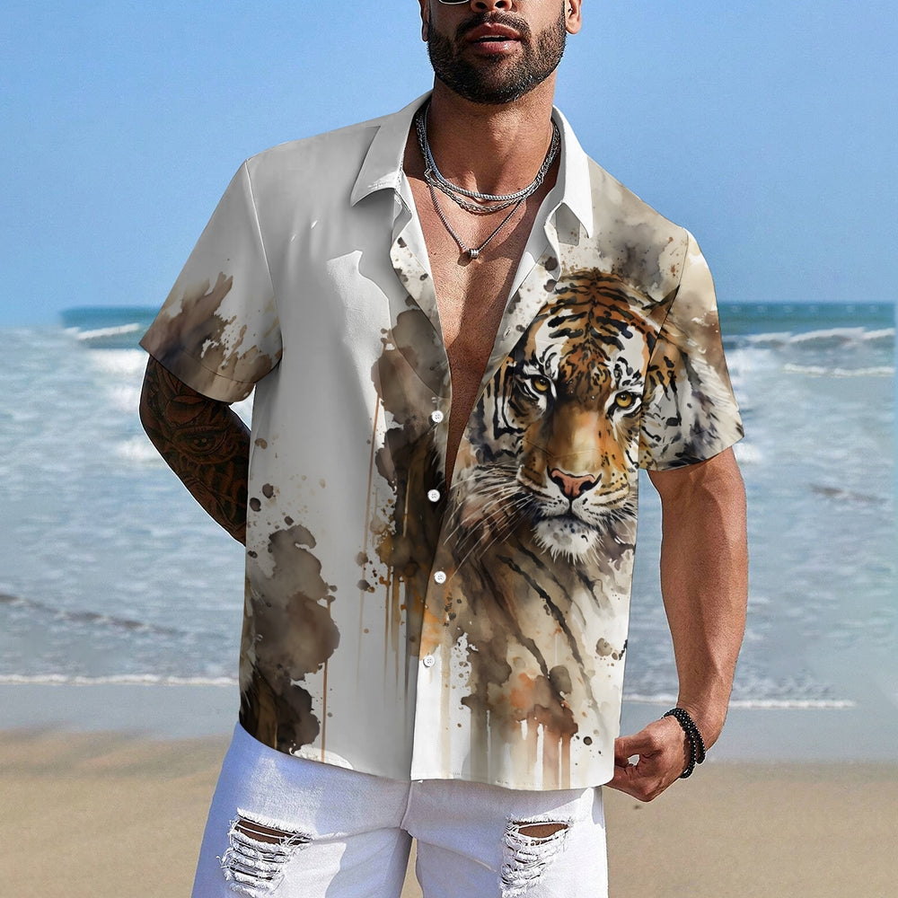 Men's Eye-Catching Tiger Print Short Sleeve Shirt 2406002642