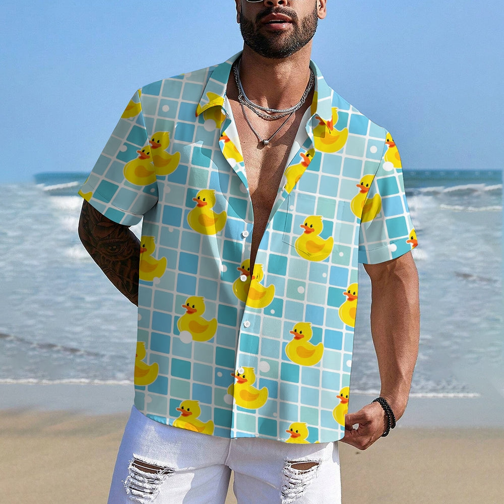 Men's Swimming Yellow Rubber Duck Casual Short Sleeve Shirt 2403000374