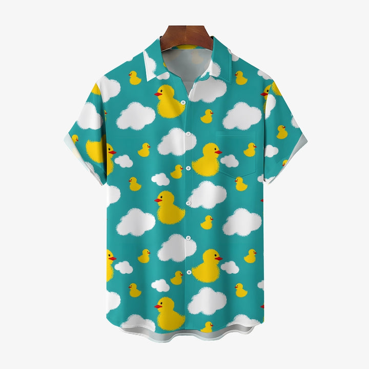 Little Yellow Duck White Cloud Print Casual Short Sleeve Shirt 2403000185
