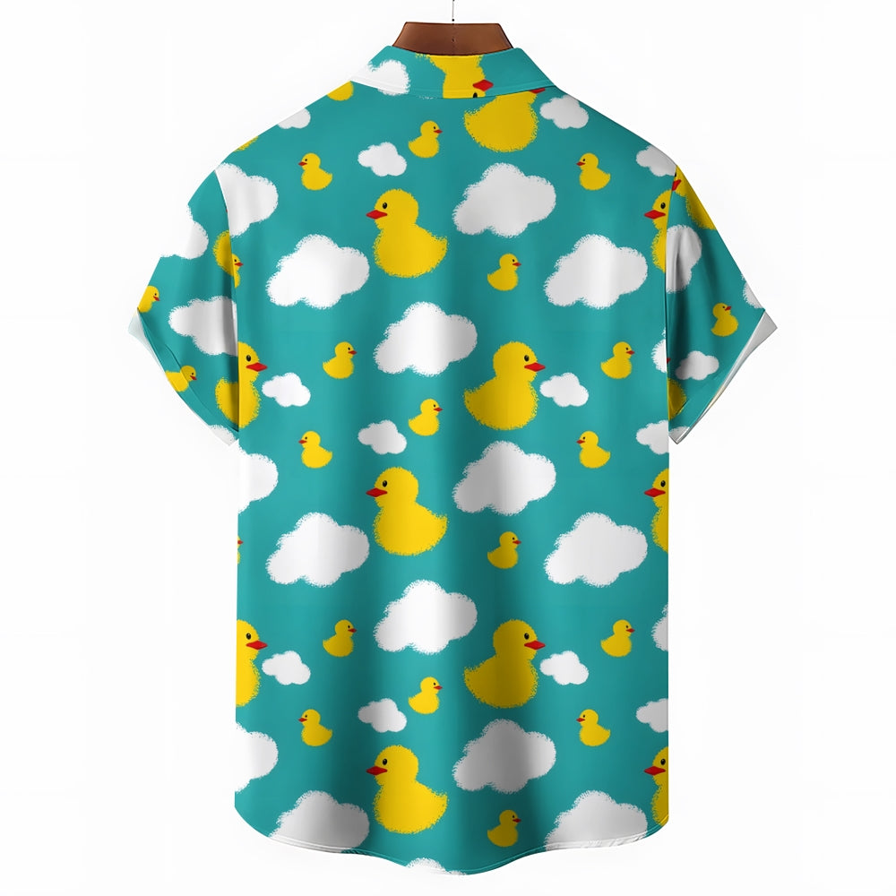 Little Yellow Duck White Cloud Print Casual Short Sleeve Shirt 2403000185