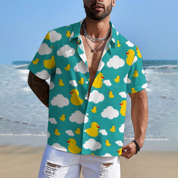 Little Yellow Duck White Cloud Print Casual Short Sleeve Shirt 2403000185