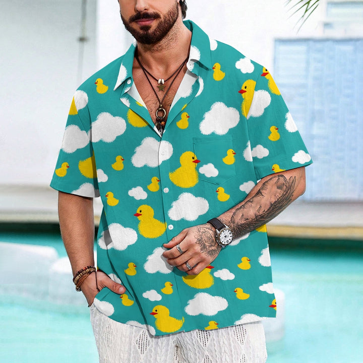 Little Yellow Duck White Cloud Print Casual Short Sleeve Shirt 2403000185