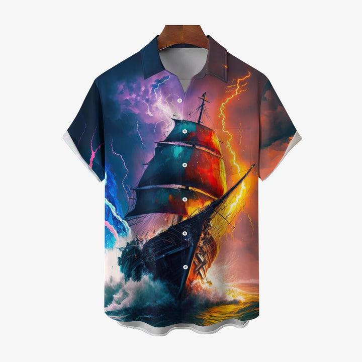 Men's 3D Sailboat & Lightning Graphic Print Shirt 2406003071