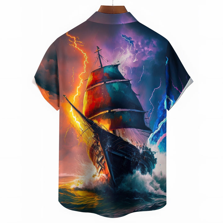 Men's 3D Sailboat & Lightning Graphic Print Shirt 2406003071