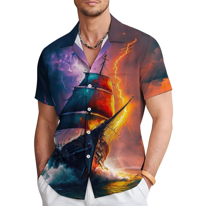 Men's 3D Sailboat & Lightning Graphic Print Shirt 2406003071