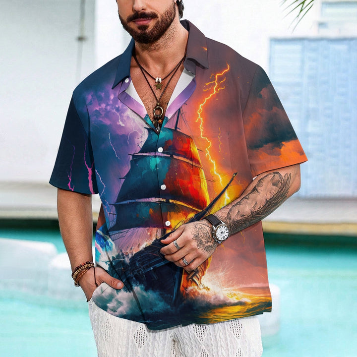 Men's 3D Sailboat & Lightning Graphic Print Shirt 2406003071