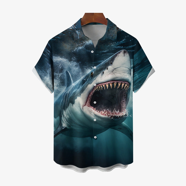 Herren-Haifisch-Hemd mit bemaltem Kunstdruck für den Urlaub