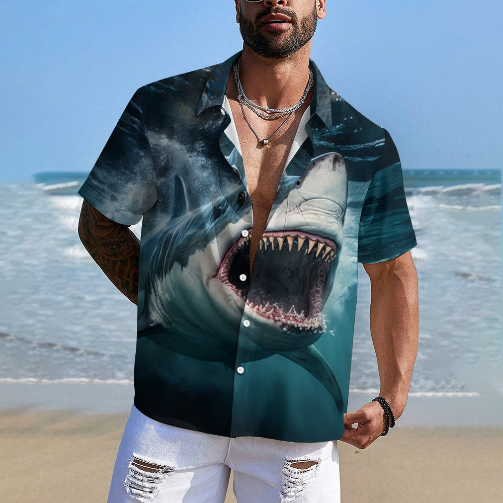 Chemise hawaïenne de vacances à imprimé requin peint pour homme