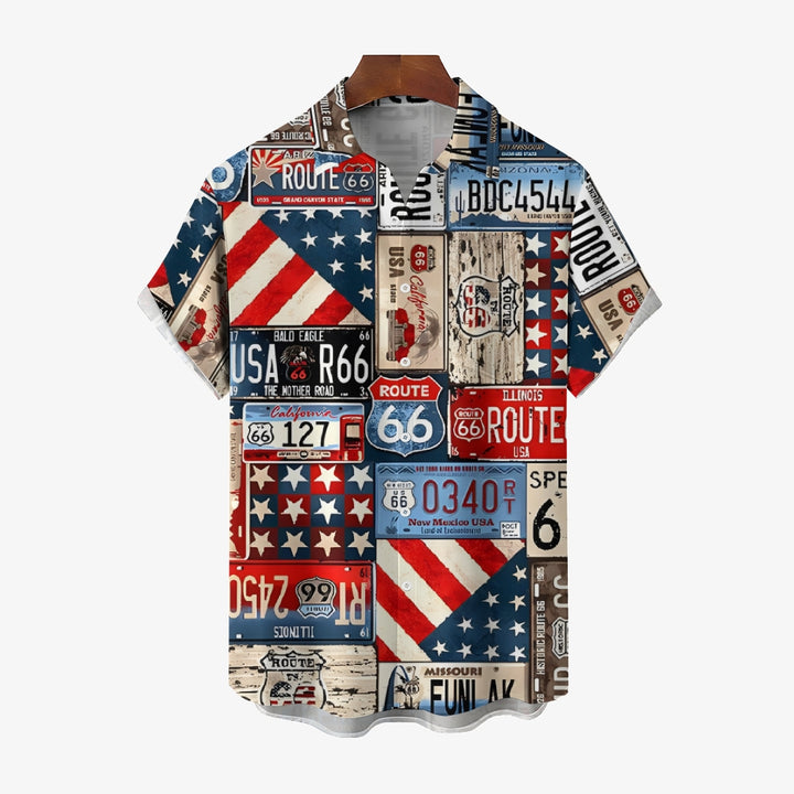 Men's American License Plate Collage Print Casual Short Sleeve Shirt 2401000105