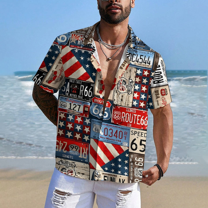 Men's American License Plate Collage Print Casual Short Sleeve Shirt 2401000105