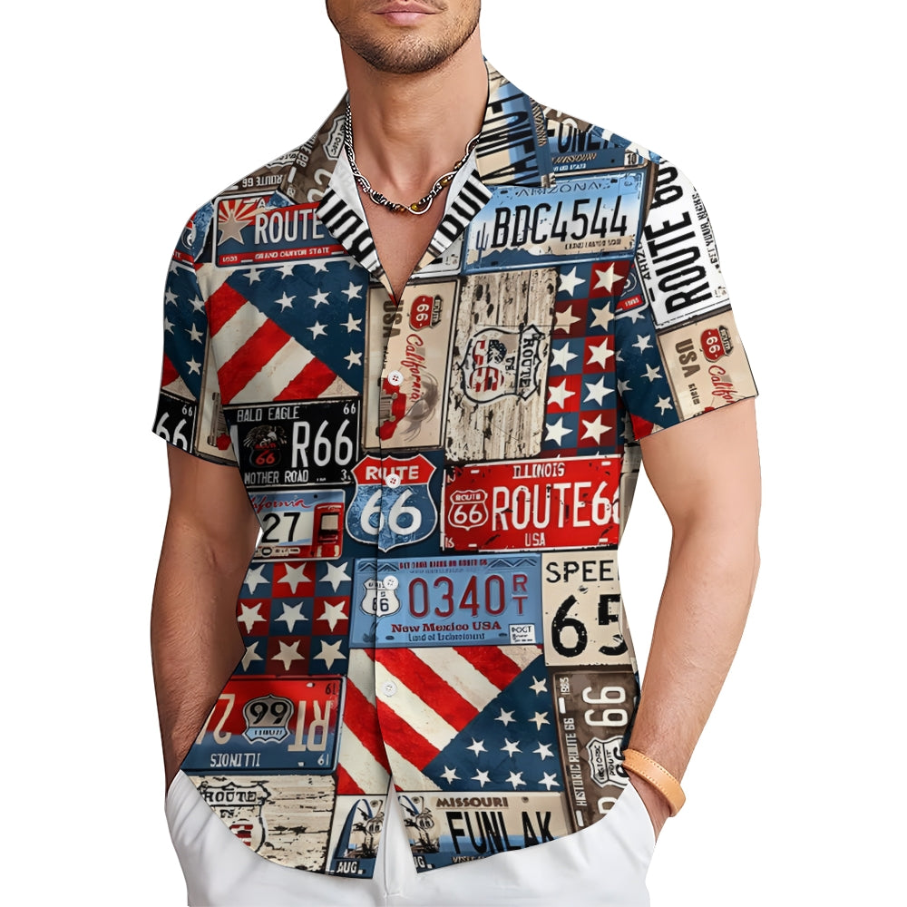 Men's American License Plate Collage Print Casual Short Sleeve Shirt 2401000105