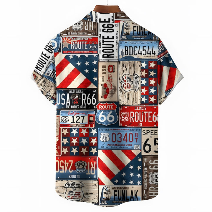 Men's American License Plate Collage Print Casual Short Sleeve Shirt 2401000105