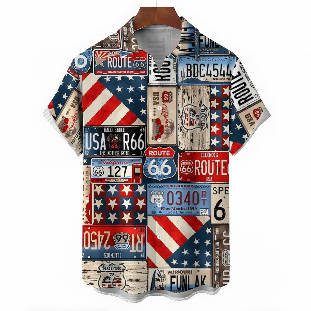 Men's American License Plate Collage Print Casual Short Sleeve Shirt 2401000105