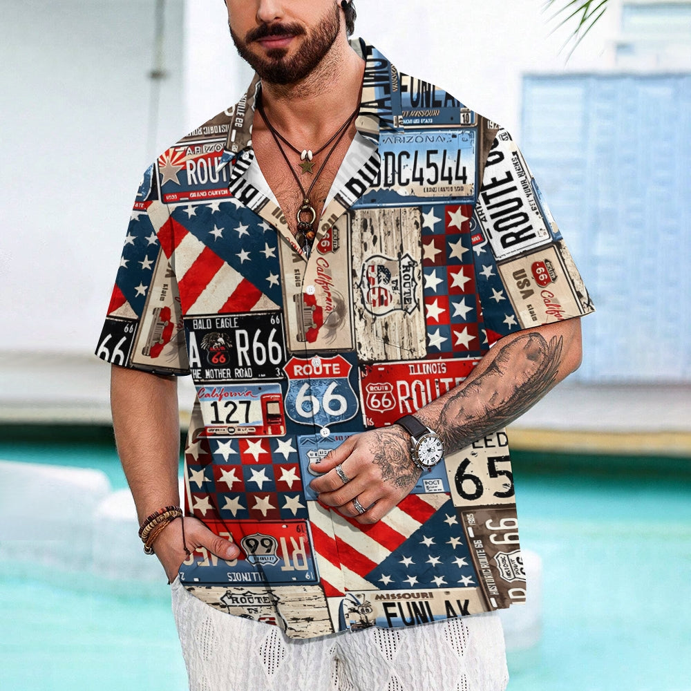 Men's American License Plate Collage Print Casual Short Sleeve Shirt 2401000105