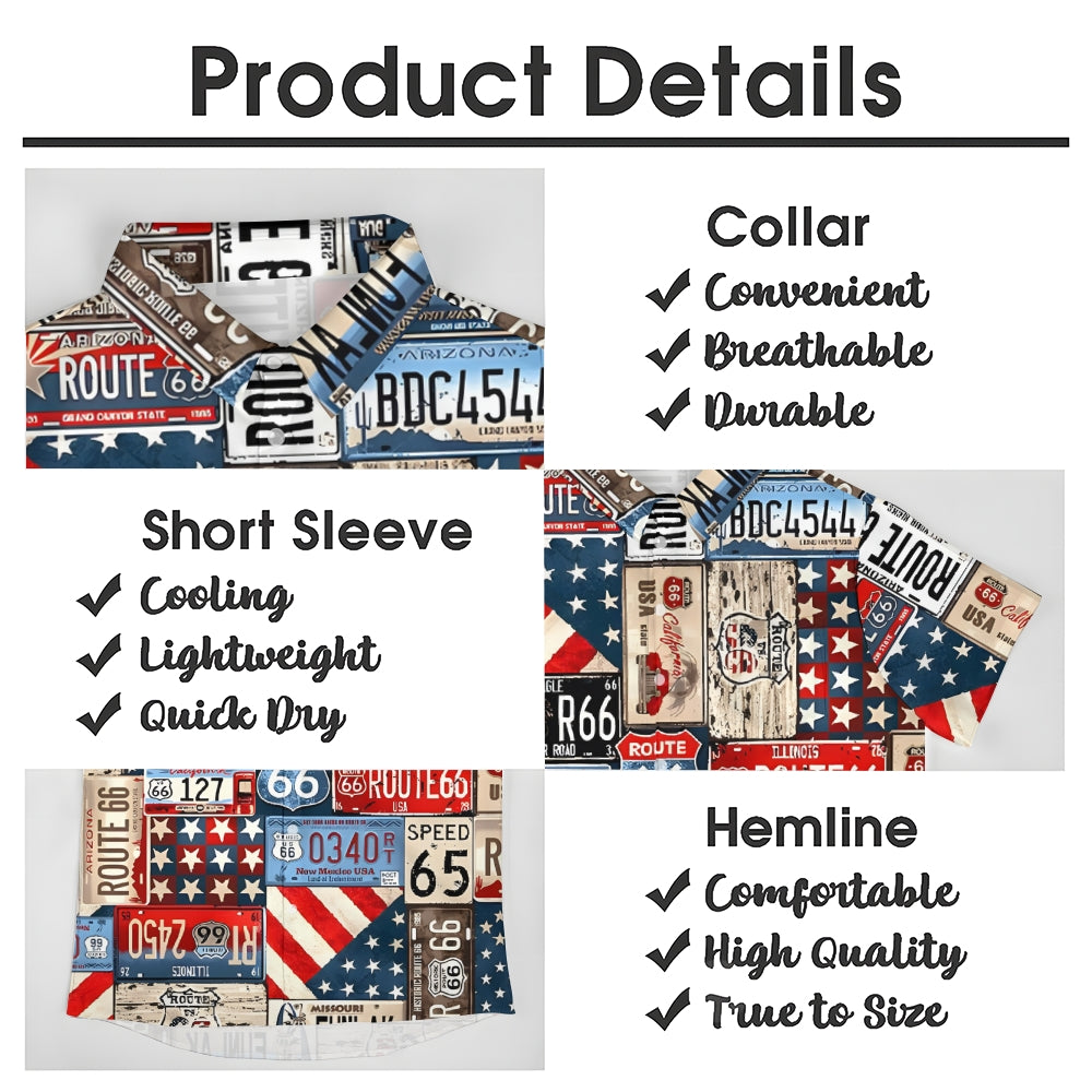 Men's American License Plate Collage Print Casual Short Sleeve Shirt 2401000105