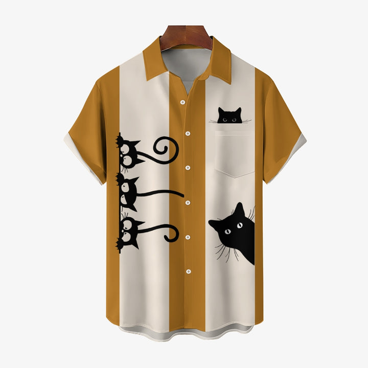 Men's Fashionable Cats Print Chest Pocket Shirt 2406003483