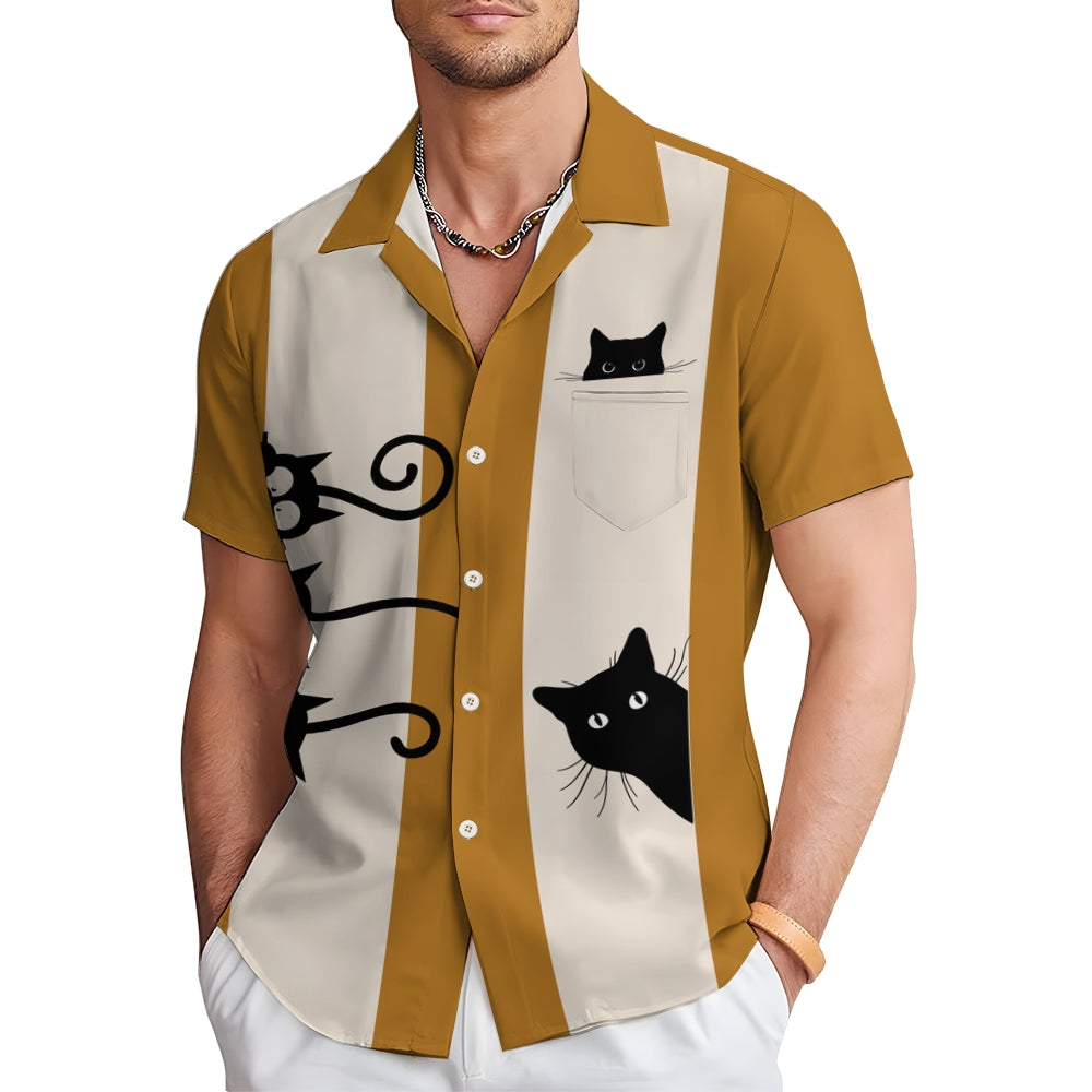 Men's Fashionable Cats Print Chest Pocket Shirt 2406003483
