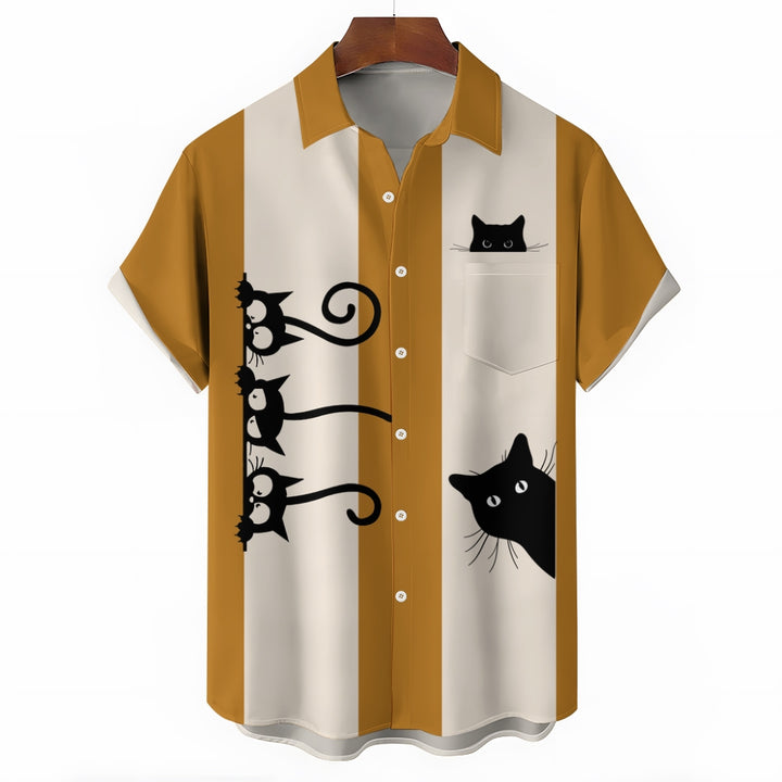 Men's Fashionable Cats Print Chest Pocket Shirt 2406003483