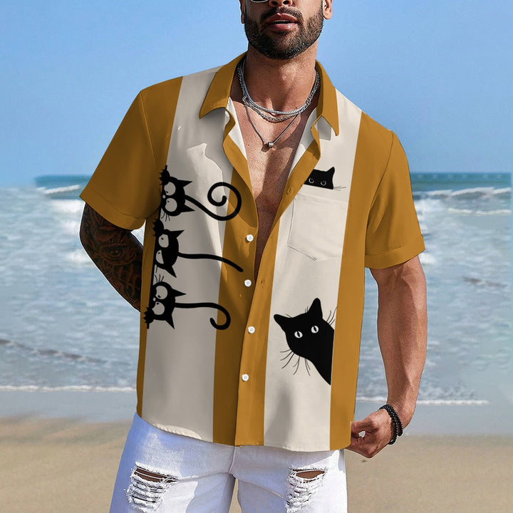 Men's Fashionable Cats Print Chest Pocket Shirt 2406003483