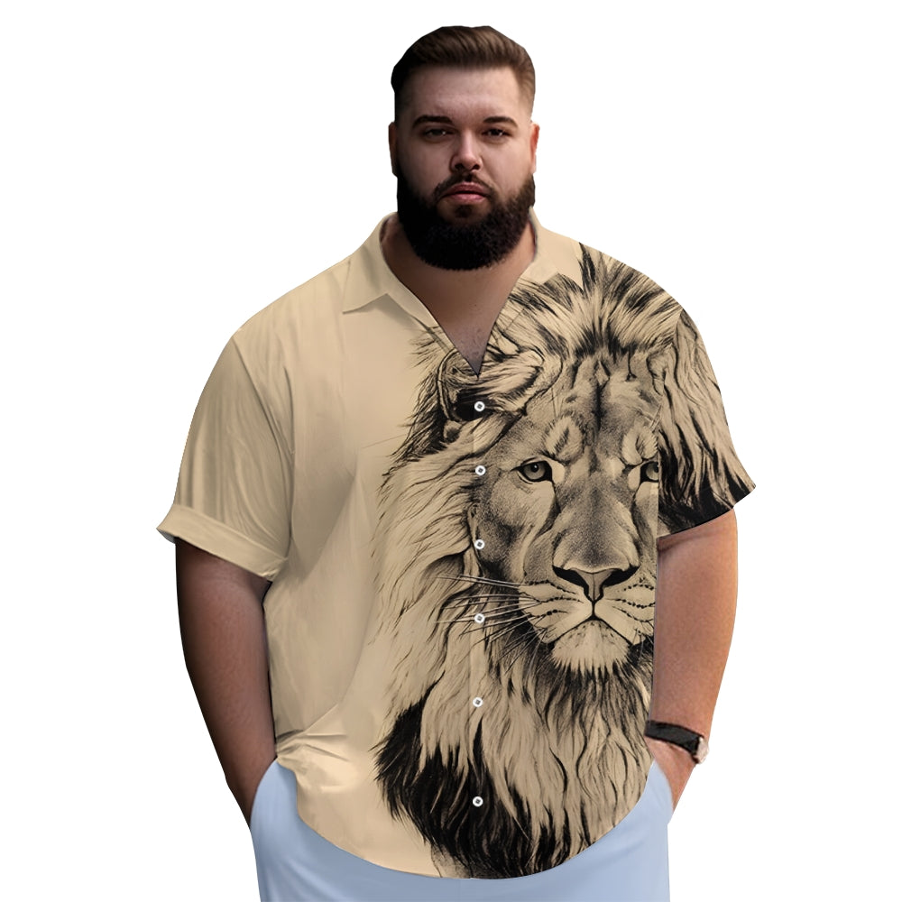 Lion King Print Vintage Casual Men's Short Sleeve Shirt 2406000701