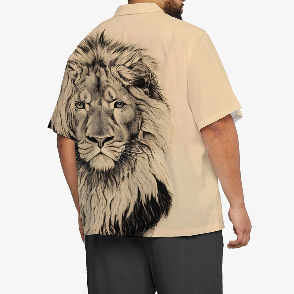 Lion King Print Vintage Casual Men's Short Sleeve Shirt 2406000701