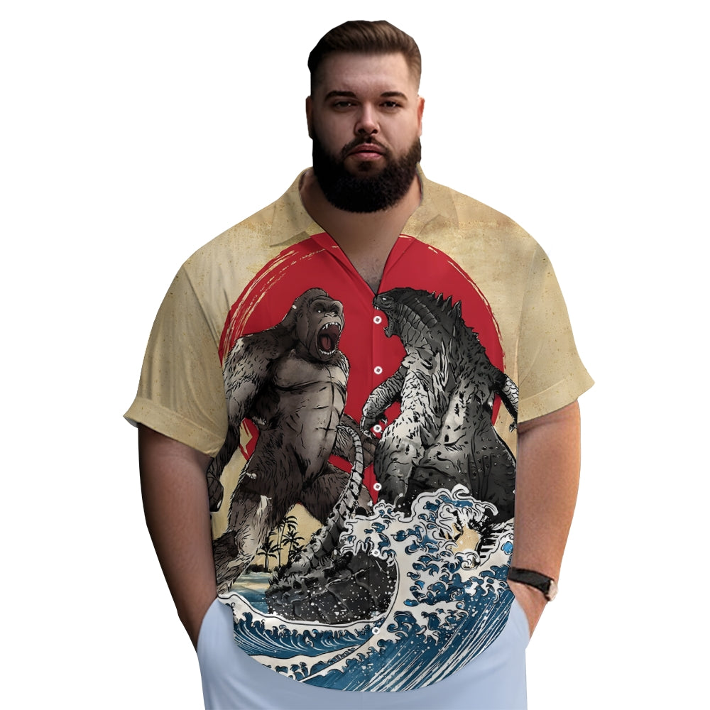 Men's Ancient Painting Ukiyo-E Godzilla Wars with Ocean Waves Short Sleeve Shirt 2311000391