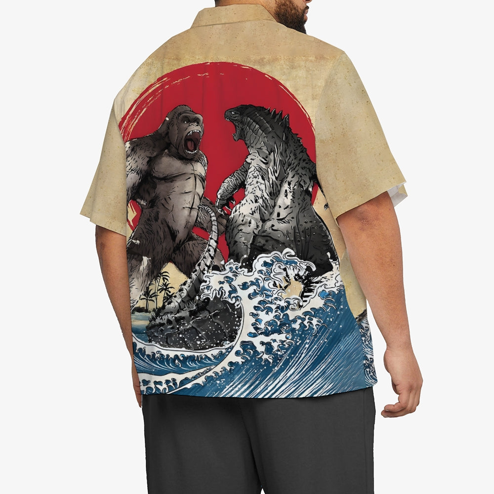 Men's Ancient Painting Ukiyo-E Godzilla Wars with Ocean Waves Short Sleeve Shirt 2311000391