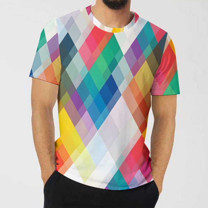 Men's Colorful Geometric Rhombus Crew Neck Casual T-Shirt 2401000041