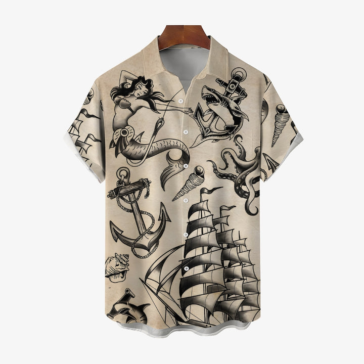 Retro Tattoo Mermaid Oversized Short Sleeve Shirt 2407000175