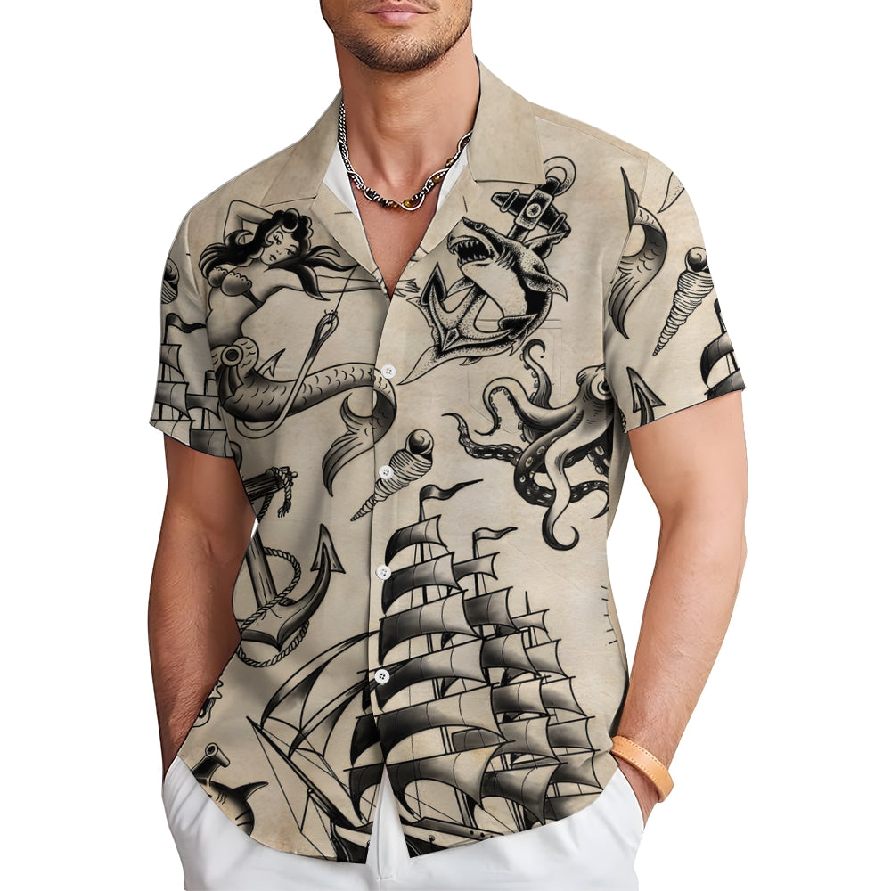 Retro Tattoo Mermaid Oversized Short Sleeve Shirt 2407000175