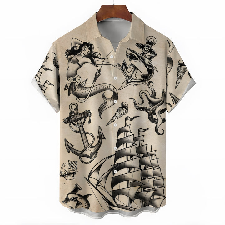 Retro Tattoo Mermaid Oversized Short Sleeve Shirt 2407000175