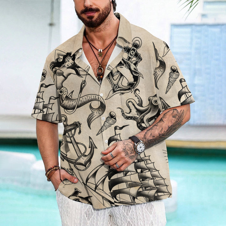 Retro Tattoo Mermaid Oversized Short Sleeve Shirt 2407000175