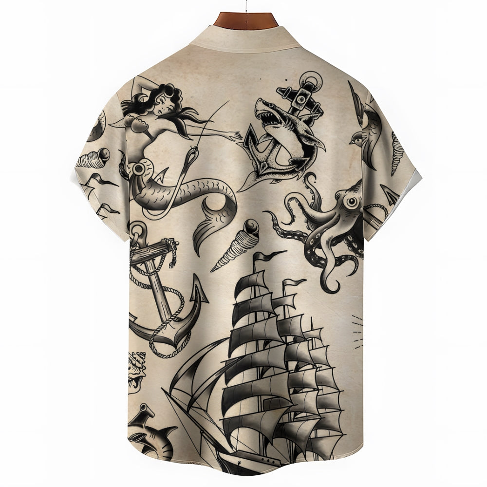 Retro Tattoo Mermaid Oversized Short Sleeve Shirt 2407000175