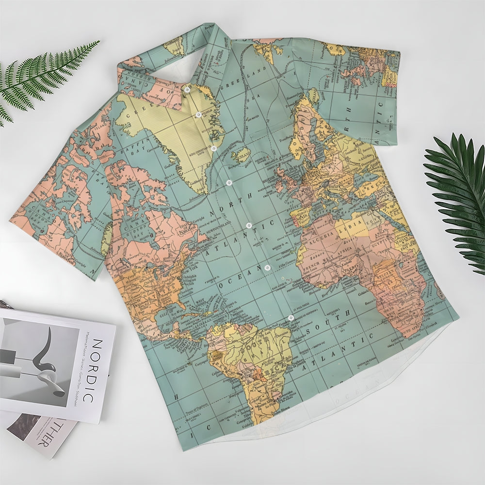 Vintage World Map Print Breathable Casual Fashion Chest Pocket Short Sleeve Shirt 2307101619