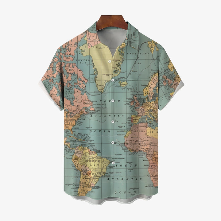 Vintage World Map Print Breathable Casual Fashion Chest Pocket Short Sleeve Shirt 2307101619