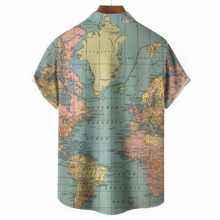 Vintage World Map Print Breathable Casual Fashion Chest Pocket Short Sleeve Shirt 2307101619