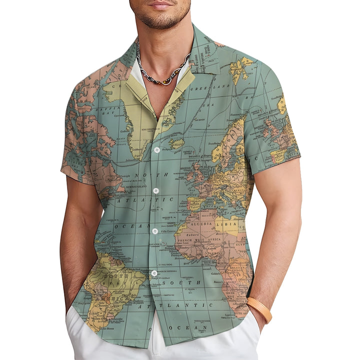 Vintage World Map Print Breathable Casual Fashion Chest Pocket Short Sleeve Shirt 2307101619