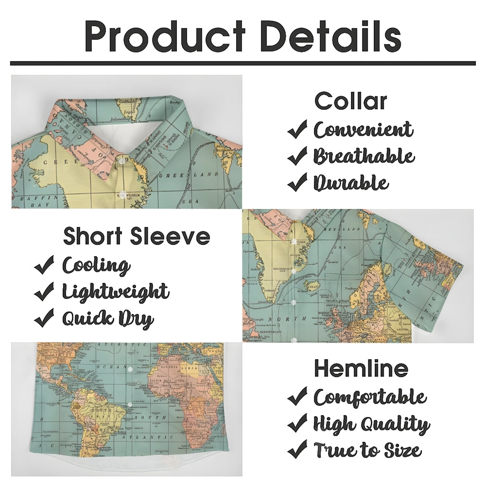 Vintage World Map Print Breathable Casual Fashion Chest Pocket Short Sleeve Shirt 2307101619