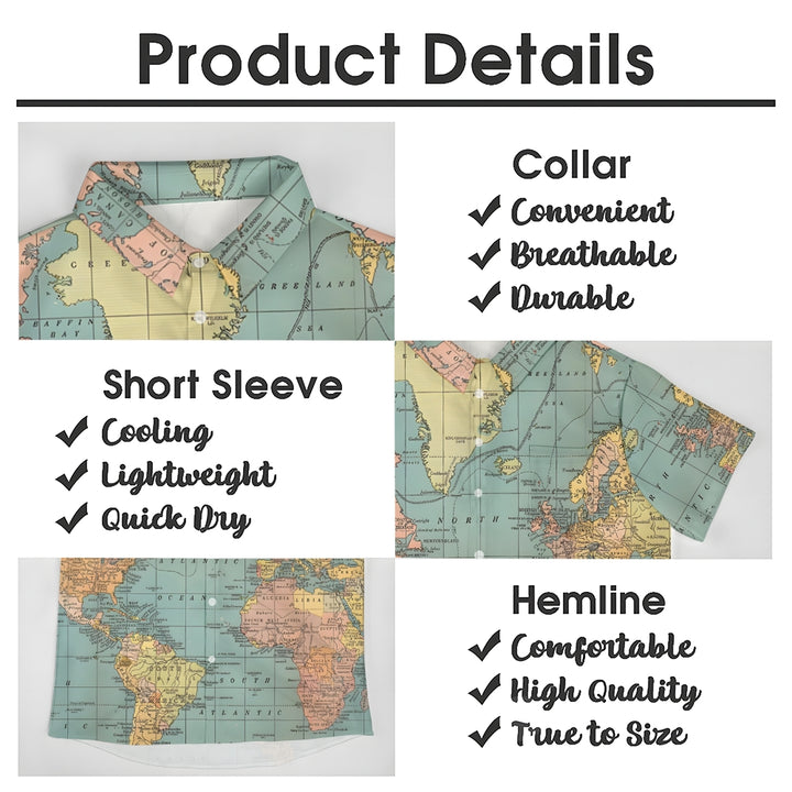 Vintage World Map Print Breathable Casual Fashion Chest Pocket Short Sleeve Shirt 2307101619