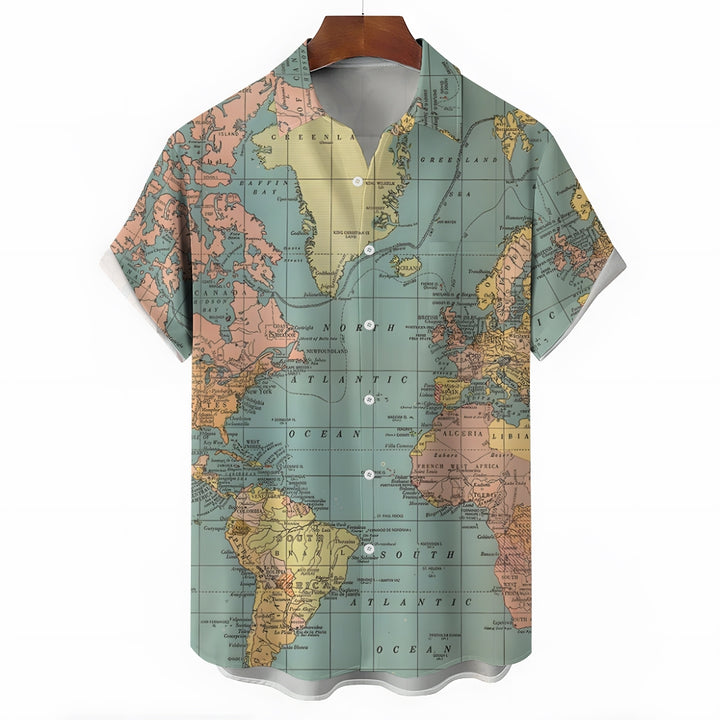 Vintage World Map Print Breathable Casual Fashion Chest Pocket Short Sleeve Shirt 2307101619