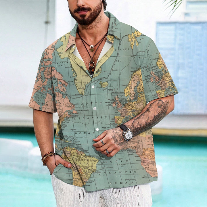 Vintage World Map Print Breathable Casual Fashion Chest Pocket Short Sleeve Shirt 2307101619